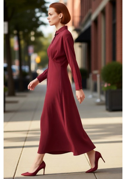 Kadın Düz Dokuma Gömlek Yaka Maxi Elbise Reglan Koluyla Şıklığı ve Konforu Bir Arada Sunar fırsatları