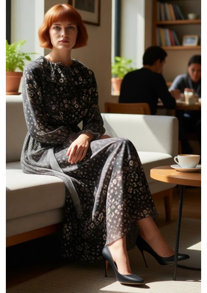 Kadınlar Için Feminen Şifon Astarlı Dokuma Çiçekli Maxi Elbise Balon Kollarıyla Her Mevsime