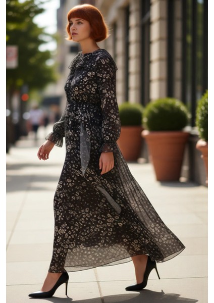 Kadınlar Için Feminen Şifon Astarlı Dokuma Çiçekli Maxi Elbise Balon Kollarıyla Her Mevsime fırsatları