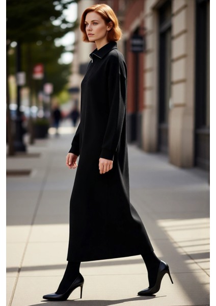 Kadın Gri Rahat Kesim Maxi Triko Elbise Fermuar Detaylı Dik Yaka Kışlık Günlük Stil Seçimi modelleri