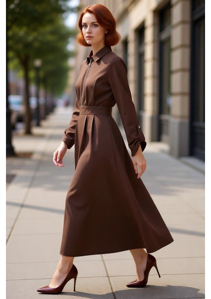 Kadın Tesettür Gabardin Dokuma Maxi Elbise Fermuar Detaylı Gömlek Yaka Düz A Kesim Kış Kaliteli modelleri