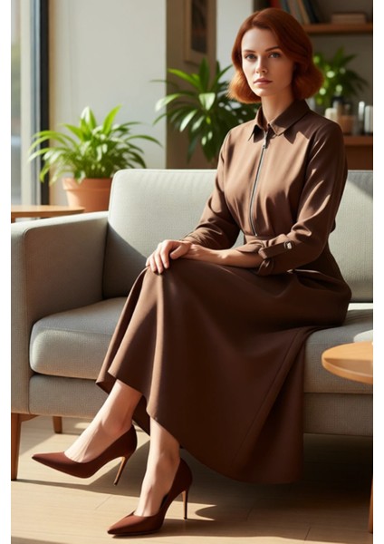 Kadın Tesettür Gabardin Dokuma Maxi Elbise Fermuar Detaylı Gömlek Yaka Düz A Kesim Kış Kaliteli fırsatları