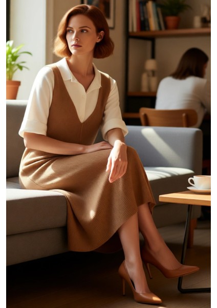 Kadın Gri Kolsuz V Yaka Jile Elbise Akrilik Midi Boy Orta Kalınlık Günlük Şıklıkta Ideal Seçim