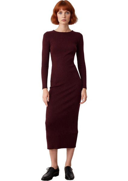 Kadın Triko Uzun Kollu Maxi Boy Kayık Yaka Düz Desenli Esnek Şık Gündüz Gece Elbisesi Kaliteli