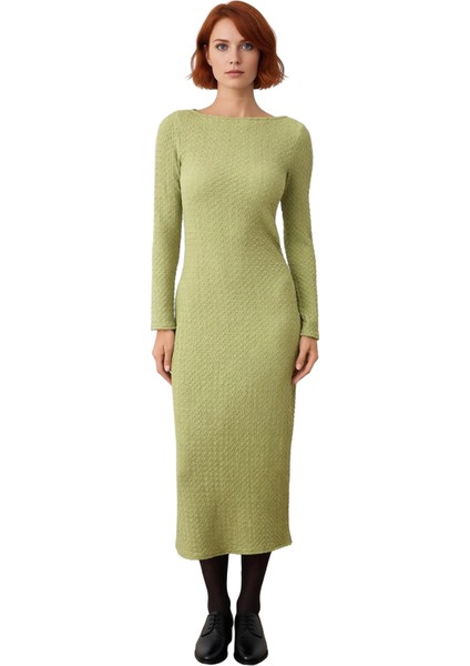 Kadın Örme Maxi Elbise Bodycon Kalıp Uzun Kollu Kayık Yaka Sırt Dekolteli Günlük Şık Giyim