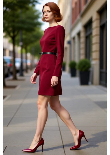 Kadın Kemerli A Kesim Kayık Yaka Uzun Kollu Dokuma Mini Elbise Modern Iş ve Günlük Kombinler Için modelleri