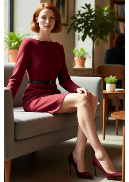 Kadın Kemerli A Kesim Kayık Yaka Uzun Kollu Dokuma Mini Elbise Modern Iş ve Günlük Kombinler Için fırsatları