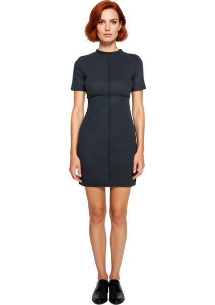 Kadın Dik Yaka Kısa Kollu Mini Örme Elbise Shift Kalıp Nervürlü Tasarım Selanik Dokulu Günlük Şıklık fiyatları