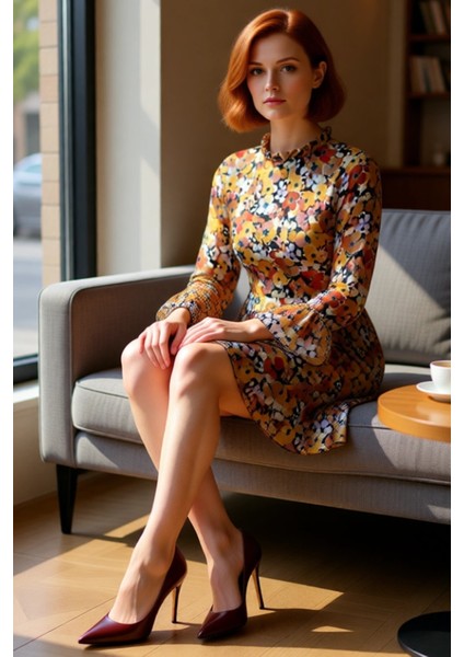 Kadın Şifon A Line Dik Yaka Fırfır Detaylı Uzun Ispanyol Kollu Çiçek Desenli Mini Elbise Kaliteli