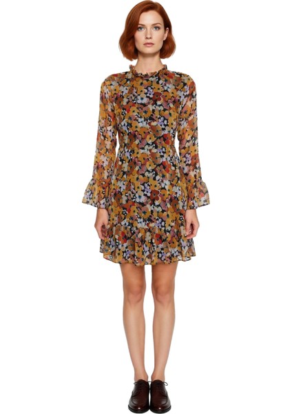 Kadın Şifon A Line Dik Yaka Fırfır Detaylı Uzun Ispanyol Kollu Çiçek Desenli Mini Elbise Kaliteli fiyatları