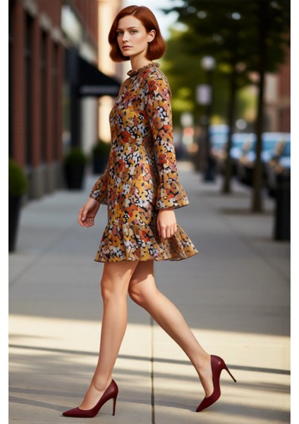 Kadın Şifon A Line Dik Yaka Fırfır Detaylı Uzun Ispanyol Kollu Çiçek Desenli Mini Elbise Kaliteli fırsatları