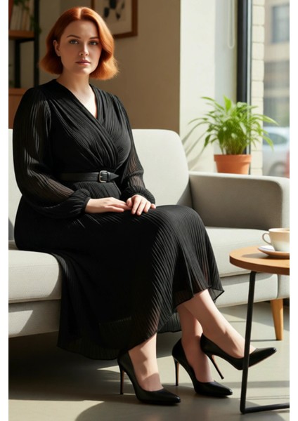 Kadın Büyük Beden Kruvaze Piliseli Şifon Midi Elbise Uzun Kollu ve Kemer Detaylı Şık Tasarım fiyatları