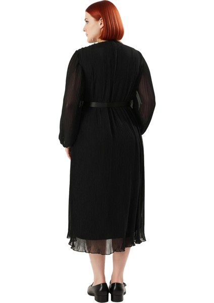 Kadın Büyük Beden Kruvaze Piliseli Şifon Midi Elbise Uzun Kollu ve Kemer Detaylı Şık Tasarım fırsatları