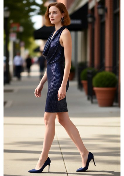 Kadın Fashion Forward Örme Bodycon Mini Elbise Payet Detaylı Degaje Yaka Parti Stili Kaliteli modelleri