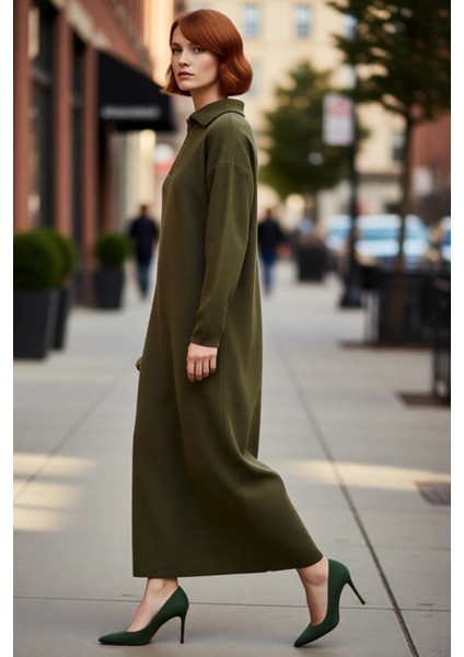 Kadın Gri Rahat Kesim Maxi Triko Elbise Fermuar Detaylı Dik Yaka Kışlık Günlük Stil Seçimi modelleri