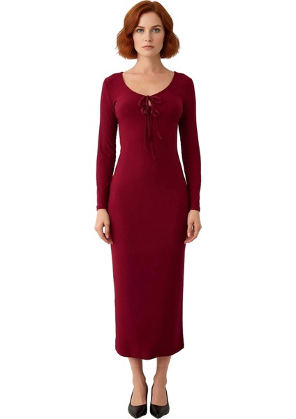 Kadın Smart Kesim Havuz Yaka Bağlama Detaylı Uzun Kol Bodycon Örme Maxi Abiye Elbise Kaliteli