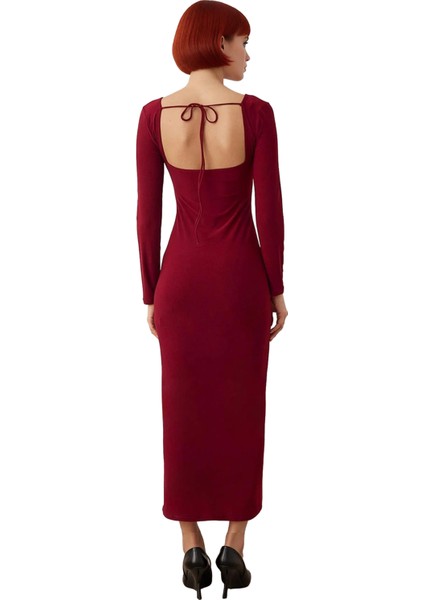 Kadın Smart Kesim Havuz Yaka Bağlama Detaylı Uzun Kol Bodycon Örme Maxi Abiye Elbise Kaliteli fiyatları