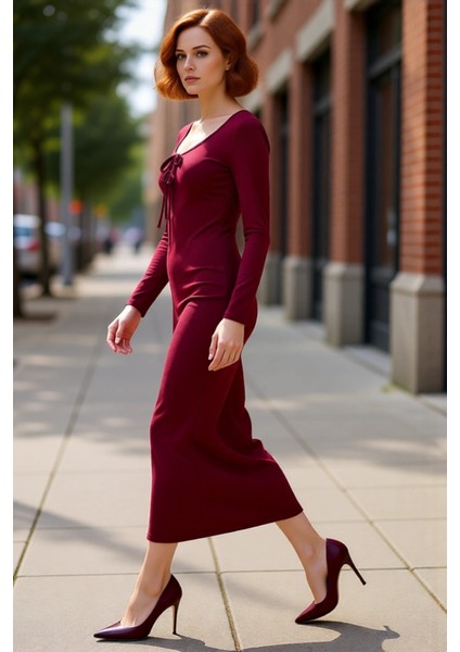 Kadın Smart Kesim Havuz Yaka Bağlama Detaylı Uzun Kol Bodycon Örme Maxi Abiye Elbise Kaliteli modelleri