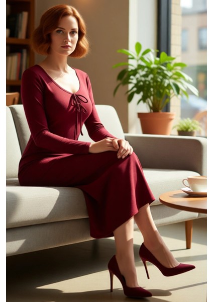 Kadın Smart Kesim Havuz Yaka Bağlama Detaylı Uzun Kol Bodycon Örme Maxi Abiye Elbise Kaliteli fırsatları