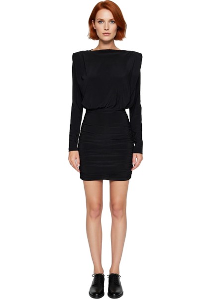 Kadınlar Için Kışlık Mini Boy Vatkalı Drapeli Örme Bodycon Elbise Smart Uzun Kollu Kayık Yaka fiyatları