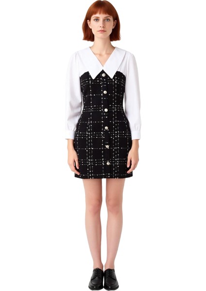 Kadın Klasik Ekose Tüvit Mini Elbise Gömlek Yaka Balon Kol Tasarımıyla Gündüzden Geceye Zarafet fiyatları