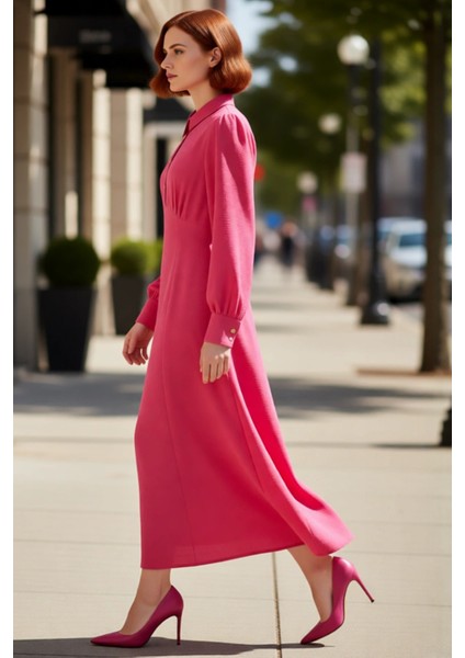 Kadın Düz Desen Gömlek Yaka Aerobin Dokuma Skater Kesim Uzun Kollu Maxi Elbise Kaliteli Şık fırsatları