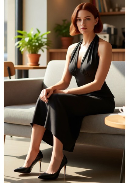 Kadın Siyah Kolsuz Maxi Abiye Elbise Boyundan Bağlama Detayıyla Şık ve Modern Görünüm Sunar fırsatları