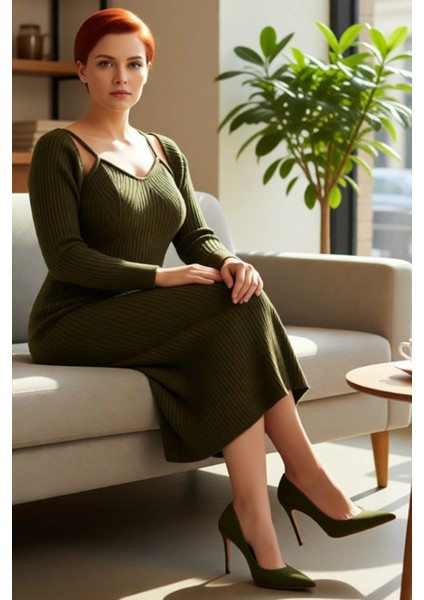 Kadın Uzun Kollu Yırtmaç Detaylı Fitilli Triko Bodycon Midi Elbise ve Bolero Takım Kaliteli