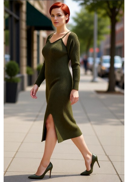 Kadın Uzun Kollu Yırtmaç Detaylı Fitilli Triko Bodycon Midi Elbise ve Bolero Takım Kaliteli fırsatları