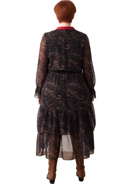 Kadın Şal Desenli Şifon Skater Midi Elbise Boyundan Bağlamalı Uzun Kollu Dokuma Tasarım Kaliteli modelleri