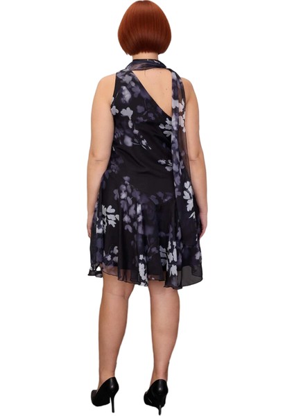 Kadınlara Özel Şifon Dokuma Çiçekli Desenli A Kesim Mini Elbise Boyundan Bağlama Detayıyla Şık modelleri