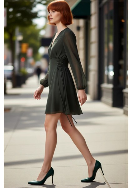 Kadın Haki Düz Desen Astarlı Balon Kol V Yaka Mini Elbise Şifon Dokuma Kumaş Kalitesiyle Kaliteli modelleri