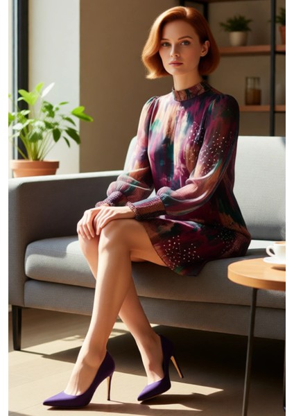 Kadın Çok Renkli Dokuma Şifon Dik Yaka Balon Kol Uzun Kollu Shift Mini Elbise Günlük Şıklık fırsatları