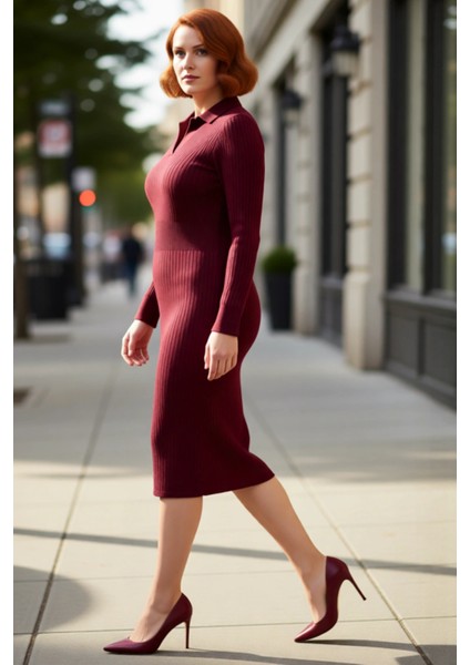 Kadın Polo Yaka Fitilli Bodycon Triko Midi Elbise Uzun Kollu Kış Günlük Şık Akrilik Tasarım