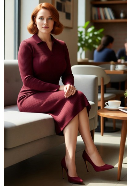 Kadın Polo Yaka Fitilli Bodycon Triko Midi Elbise Uzun Kollu Kış Günlük Şık Akrilik Tasarım fiyatları