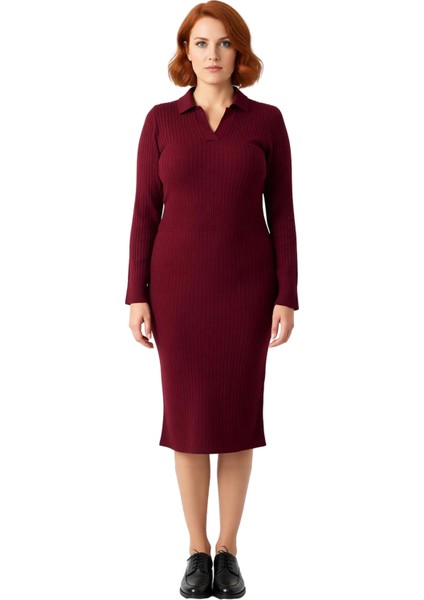 Kadın Polo Yaka Fitilli Bodycon Triko Midi Elbise Uzun Kollu Kış Günlük Şık Akrilik Tasarım modelleri