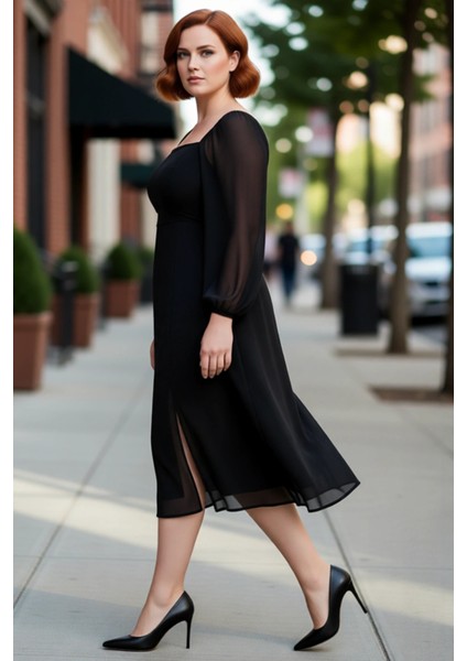 Kadın Büyük Beden Kare Yaka Balon Kollu A Kesim Yırtmaç Detaylı Midi Şifon Elbise Zarif Stil