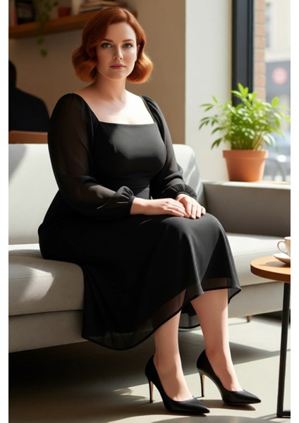 Kadın Büyük Beden Kare Yaka Balon Kollu A Kesim Yırtmaç Detaylı Midi Şifon Elbise Zarif Stil fiyatları