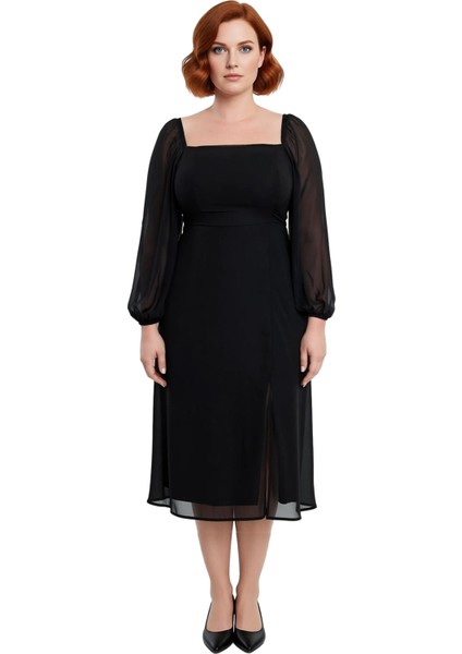 Kadın Büyük Beden Kare Yaka Balon Kollu A Kesim Yırtmaç Detaylı Midi Şifon Elbise Zarif Stil modelleri