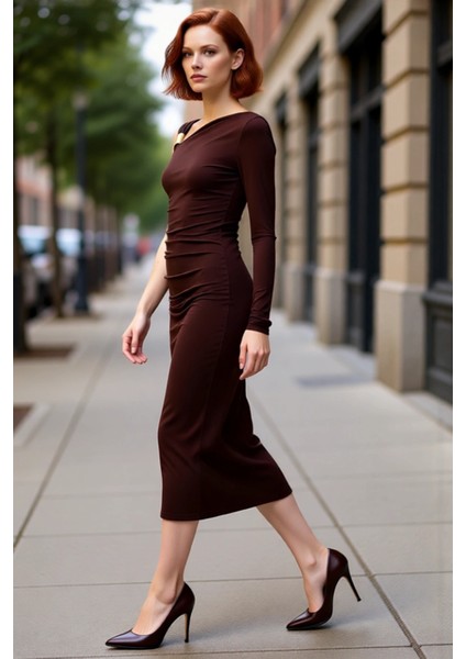 Kadın Özel Davetler Için Zarif Bodycon Midi Asimetrik Tek Uzun Kollu Örme Elbise Aksesuar Detaylı fırsatları