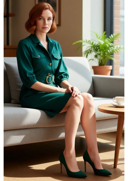 Kadın Casual Düğmeli Kısa Balon Kollu Gömlek Yaka Kemerli Dokuma %100 Pamuk Elbise Modası Kaliteli