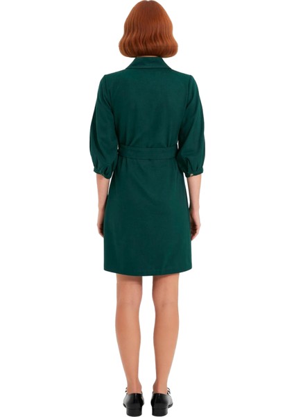 Kadın Casual Düğmeli Kısa Balon Kollu Gömlek Yaka Kemerli Dokuma %100 Pamuk Elbise Modası Kaliteli modelleri