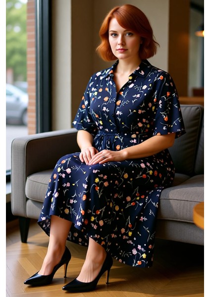 Kadın Büyük Beden A Line Kesim Çiçekli Gömlek Yaka Viskon Elbise Kısa Melek Kol Maxi Boy Günlük