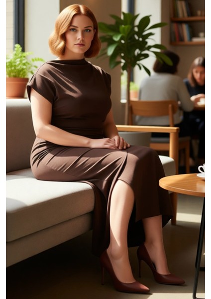 Kadın Düz Desen Midi Bodycon Elbise Dik Yaka Büzgü Detaylı Örme Ilkbahar Sonbahar Stili Kaliteli