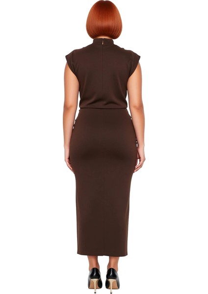 Kadın Düz Desen Midi Bodycon Elbise Dik Yaka Büzgü Detaylı Örme Ilkbahar Sonbahar Stili Kaliteli modelleri