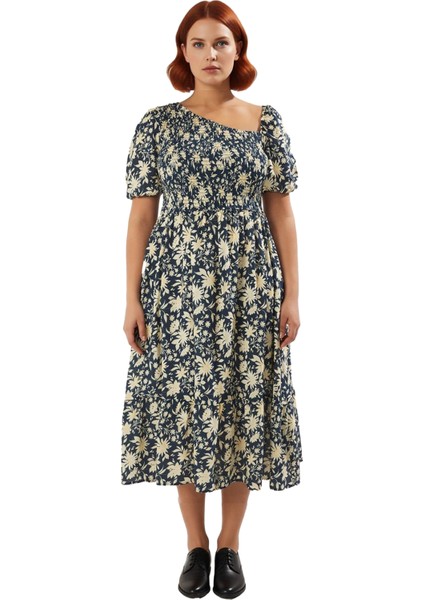 Kadın Büyük Beden Çiçek Desenli Asimetrik Yaka Dokuma Midi Elbise Casual Şıklığın Anahtarı fiyatları