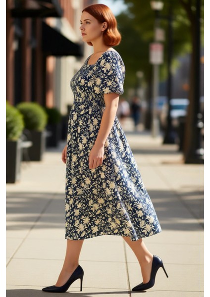 Kadın Büyük Beden Çiçek Desenli Asimetrik Yaka Dokuma Midi Elbise Casual Şıklığın Anahtarı fırsatları