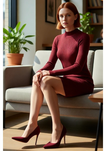 Kadın Şık Bordo Bodycon Triko Elbise Dik Yaka Uzun Kol Kış ve Sonbahar Günlük Kullanım Için