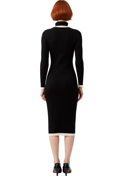 Kadın Balıkçı Yaka Siyah Midi Triko Elbise Renk Bloklu Detaylarla Şık ve Modern Kış Stili Kaliteli fiyatları