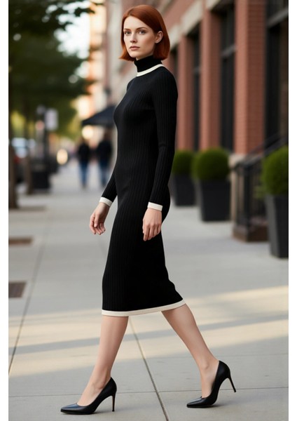 Kadın Balıkçı Yaka Siyah Midi Triko Elbise Renk Bloklu Detaylarla Şık ve Modern Kış Stili Kaliteli modelleri